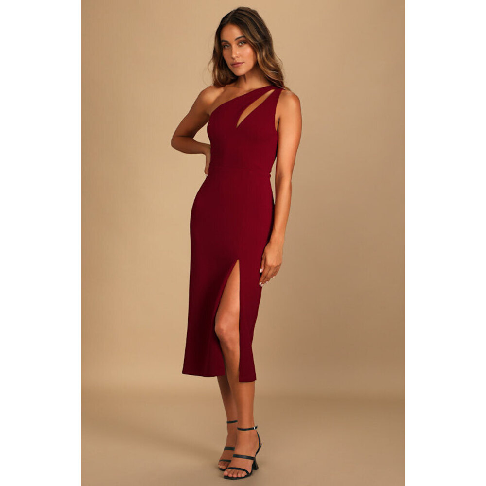 Lulus Cocktail Club Burgundy One-shoulder Midi Dress Red - Size S